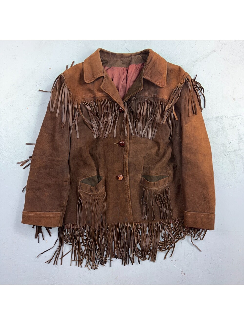 60s 70s VTG Brown Suede Leather Fringe Jacket Western Cowboy Hippie Coat